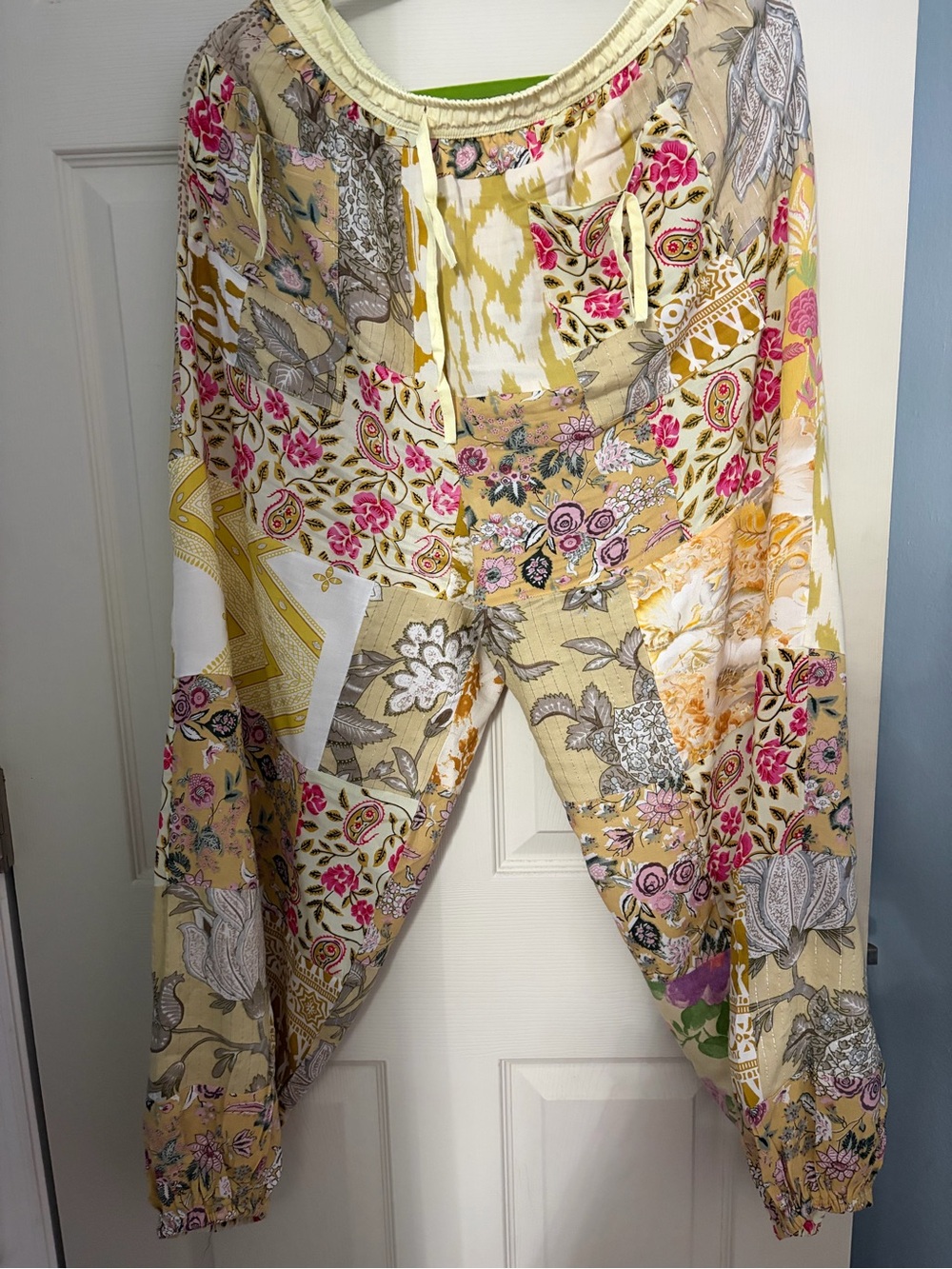 Boho Patchwork Drawstring Lounge Pants in Cream & Pink Floral